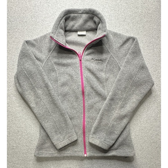 Columbia Jacket Womens Small Gray Full Zip Fleece Pink Trim Outdoor Layer WL6439